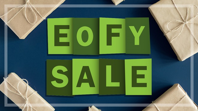 eofy sale sign and packages wrapped in recycled paper